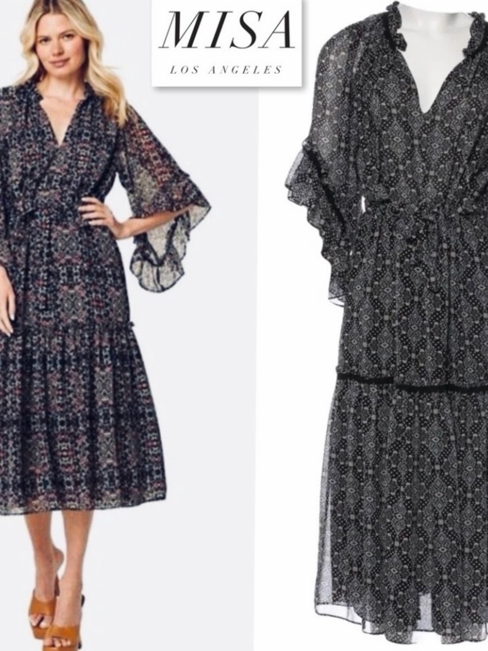 MISA Los Angeles Marcele Bell Sleeve Printed Bohemian Midi Dress Black Blue L